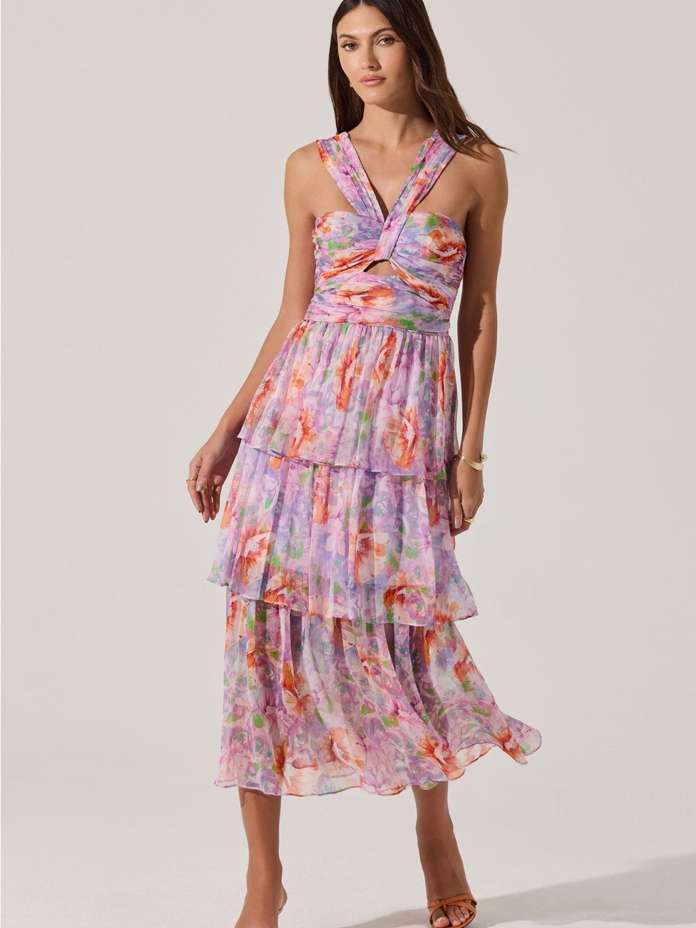 ASTR Cutout Midi Dress Floral Tiered Midi Dress Lavender Pink